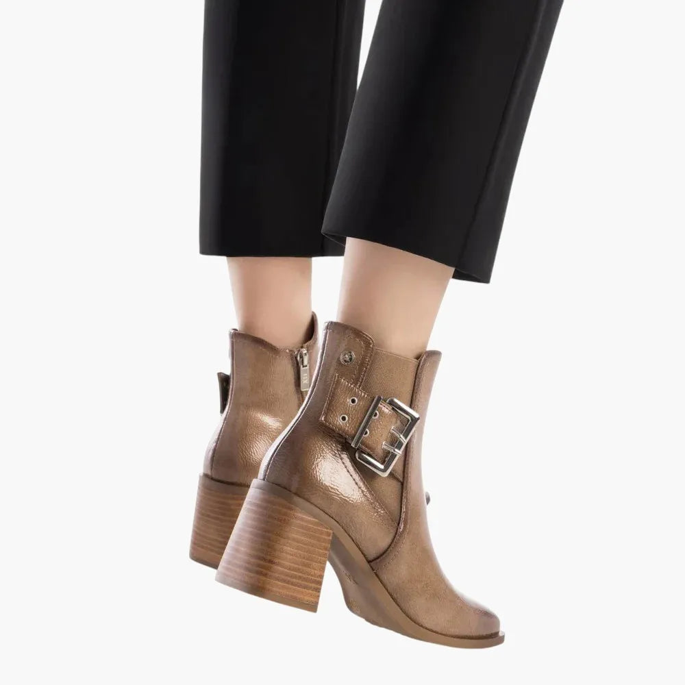 Xti Beige Block Heel Ankle Boots with Buckle Detail