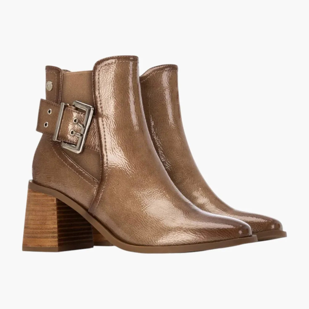 Xti Beige Block Heel Ankle Boots with Buckle Detail