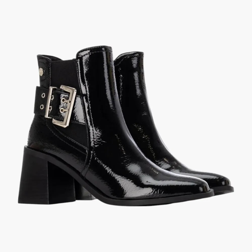 Xti Black Block Heel Ankle Boots with Buckle Detail - Leavys Shoes