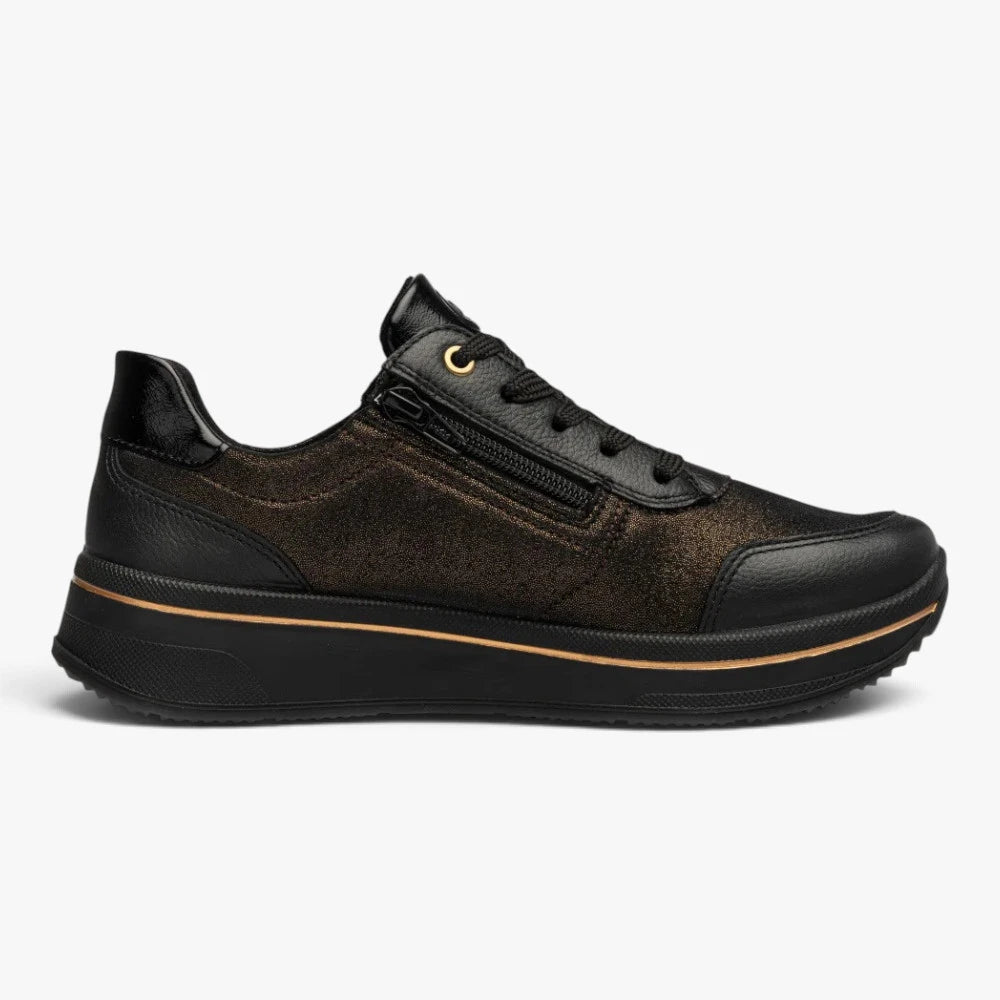 Ara Sapporo Black Bronze Wide Fit Trainer with Zip