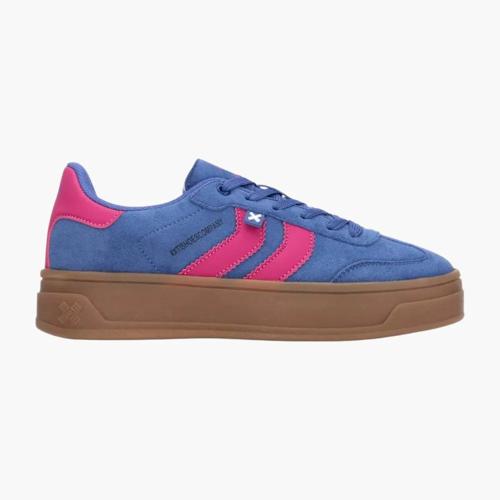 Xti Vegan Suede Platform Trainers, Azul with Pink Trim