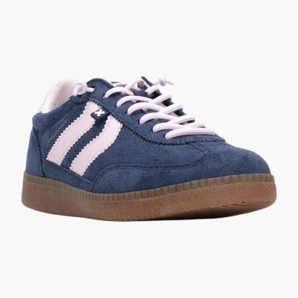Xti Vegan Faux Suede Trainers, Navy with Pink Trim