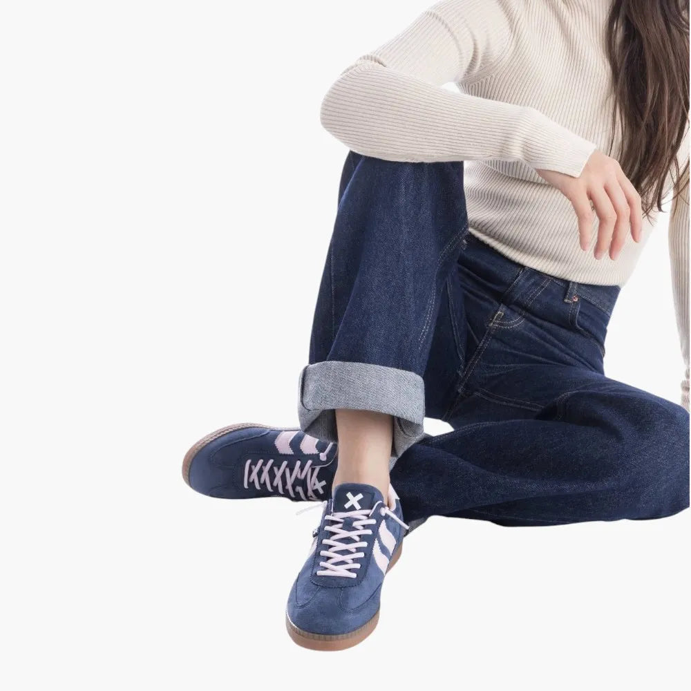 Xti Vegan Faux Suede Trainers, Navy with Pink Trim - Leavys Shoes