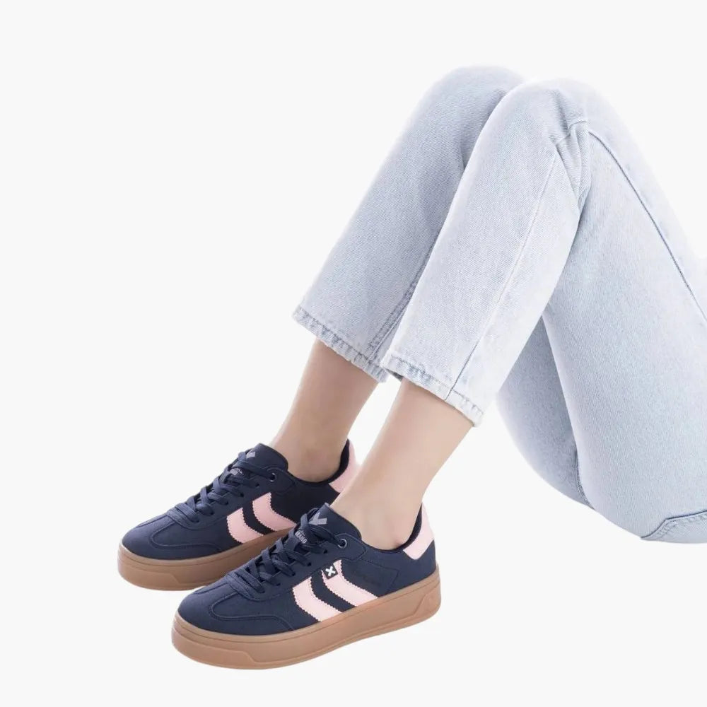 Xti Vegan Suede Platform Trainers, Navy with Pink Trim