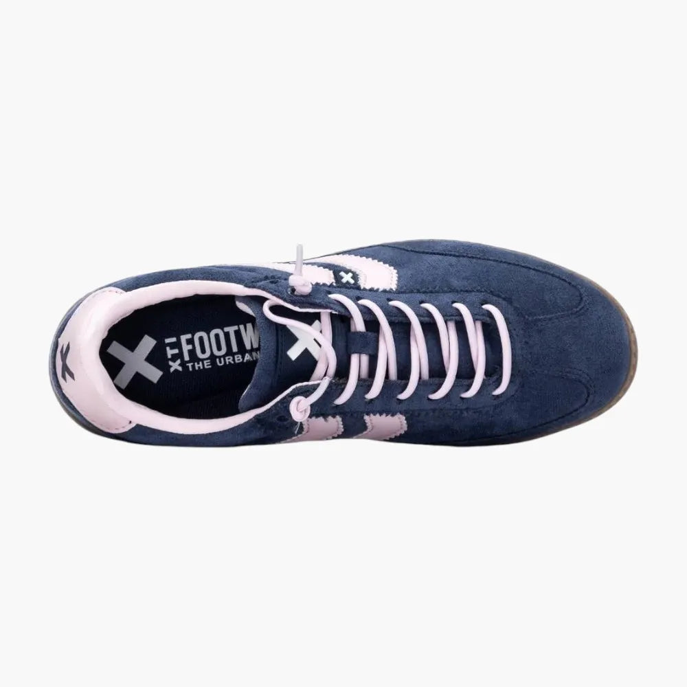 Xti Vegan Faux Suede Trainers, Navy with Pink Trim - Leavys Shoes