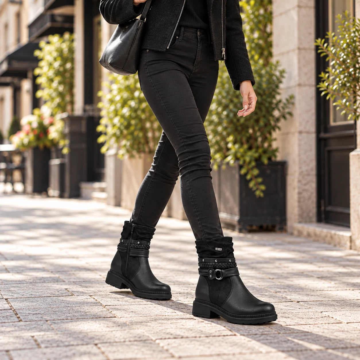 Jana black wide fit TEX strap ankle boots styled for everyday wear