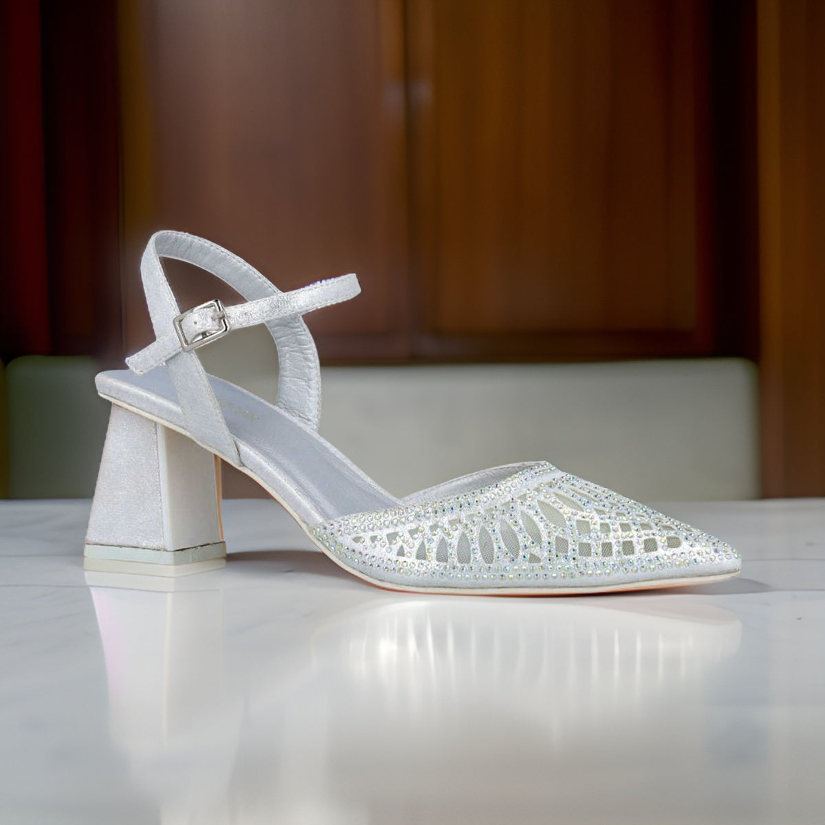 Menbur Silver Sandal with Sculpted Heel and Diamante Toe