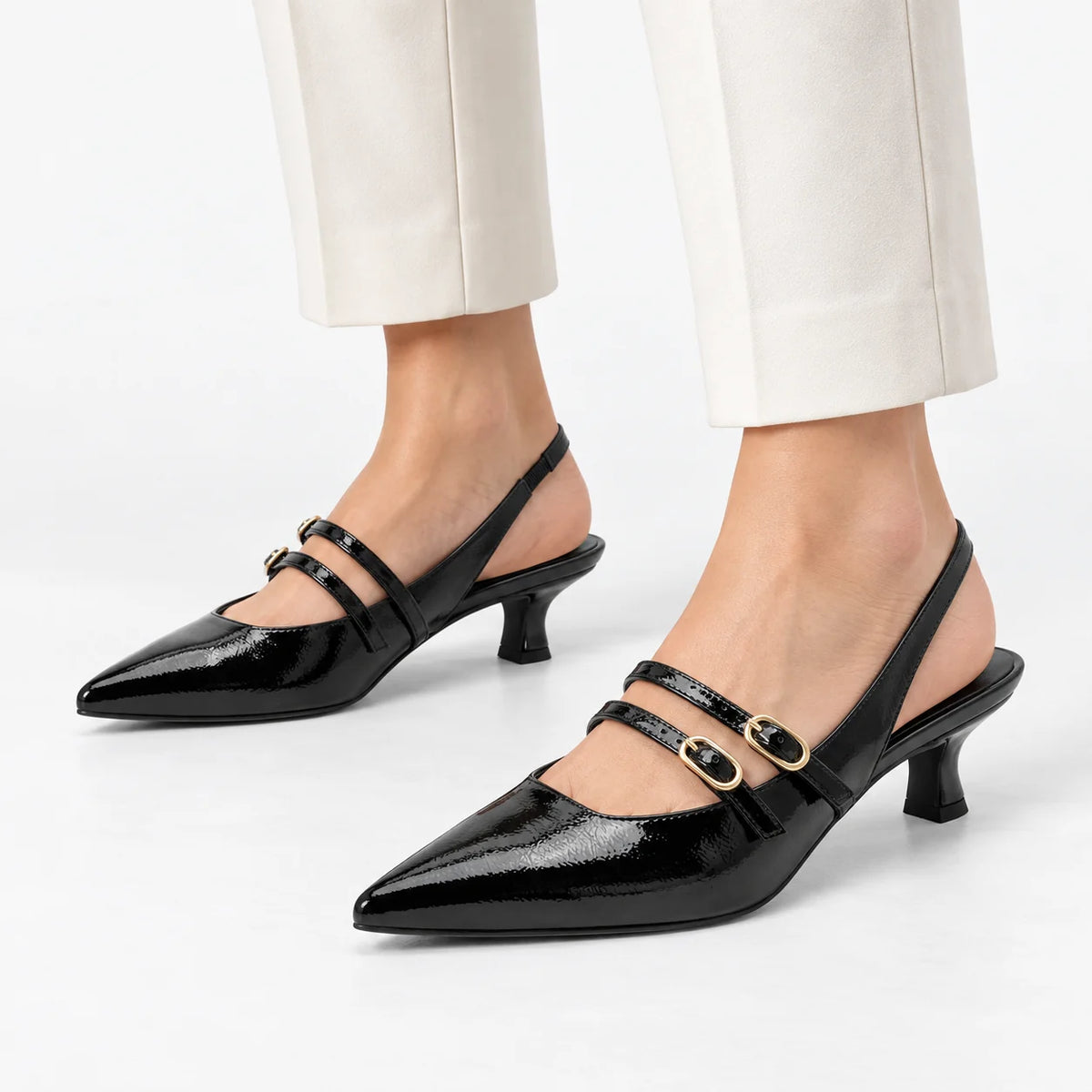 Marco Tozzi Black Patent Double-Strap Slingback Heels worn by a model