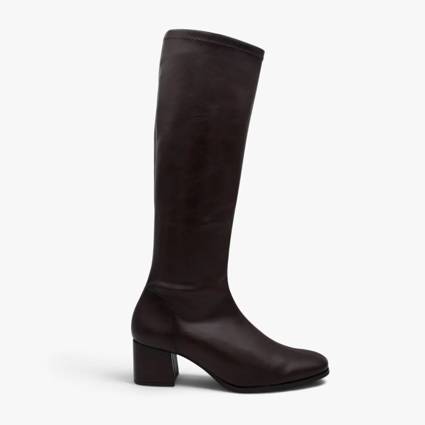 Miss Elastic Brown Leather-Look Stretch Knee-High Boots - side profile