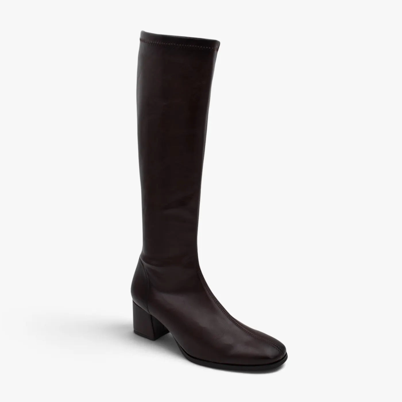 Miss Elastic Brown Leather-Look Stretch Knee-High Boots - three-quarter front view
