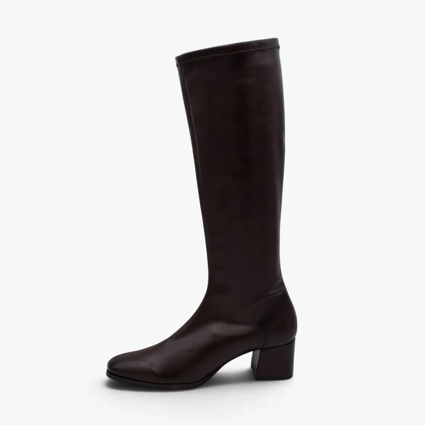 Miss Elastic Brown Leather-Look Stretch Knee-High Boots - opposite side profile