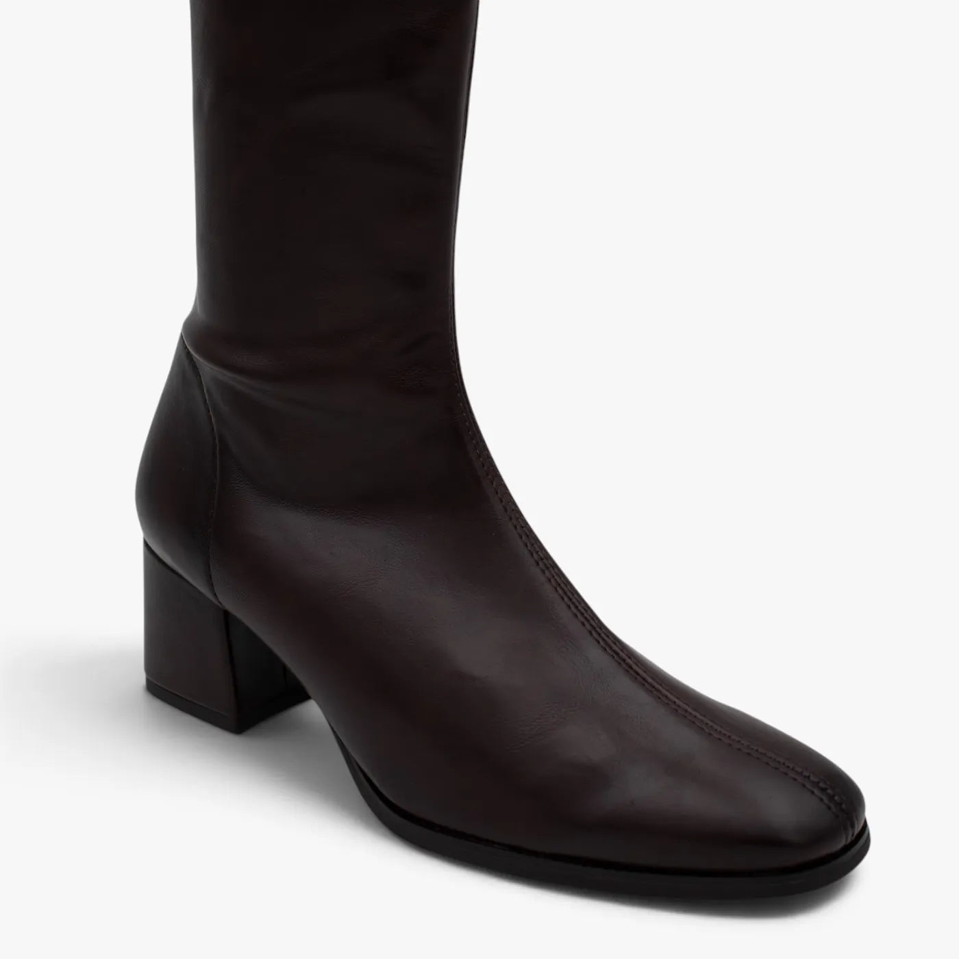Miss Elastic Brown Leather-Look Stretch Knee-High Boots - toe and upper detail