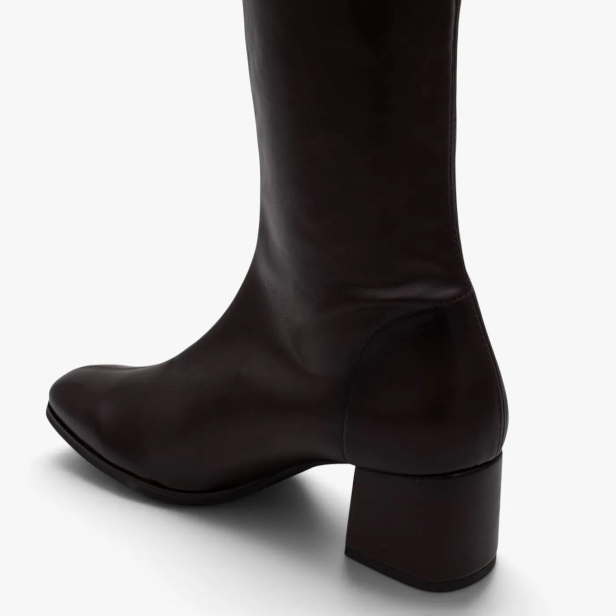 Miss Elastic Brown Leather-Look Stretch Knee-High Boots - heel and ankle detail
