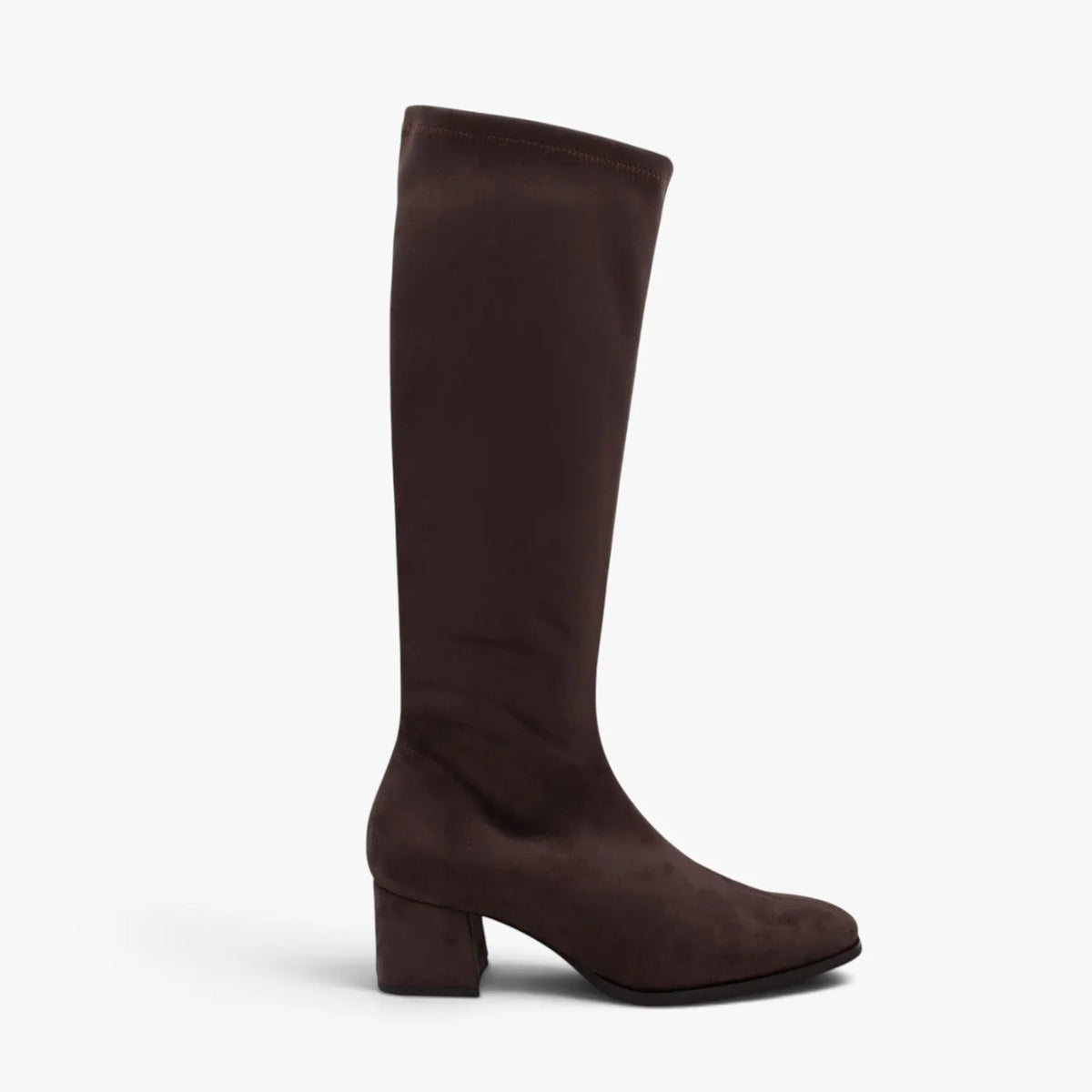 Miss Elastic Dark Brown Suede-Effect Stretch Knee-High Boots - side profile