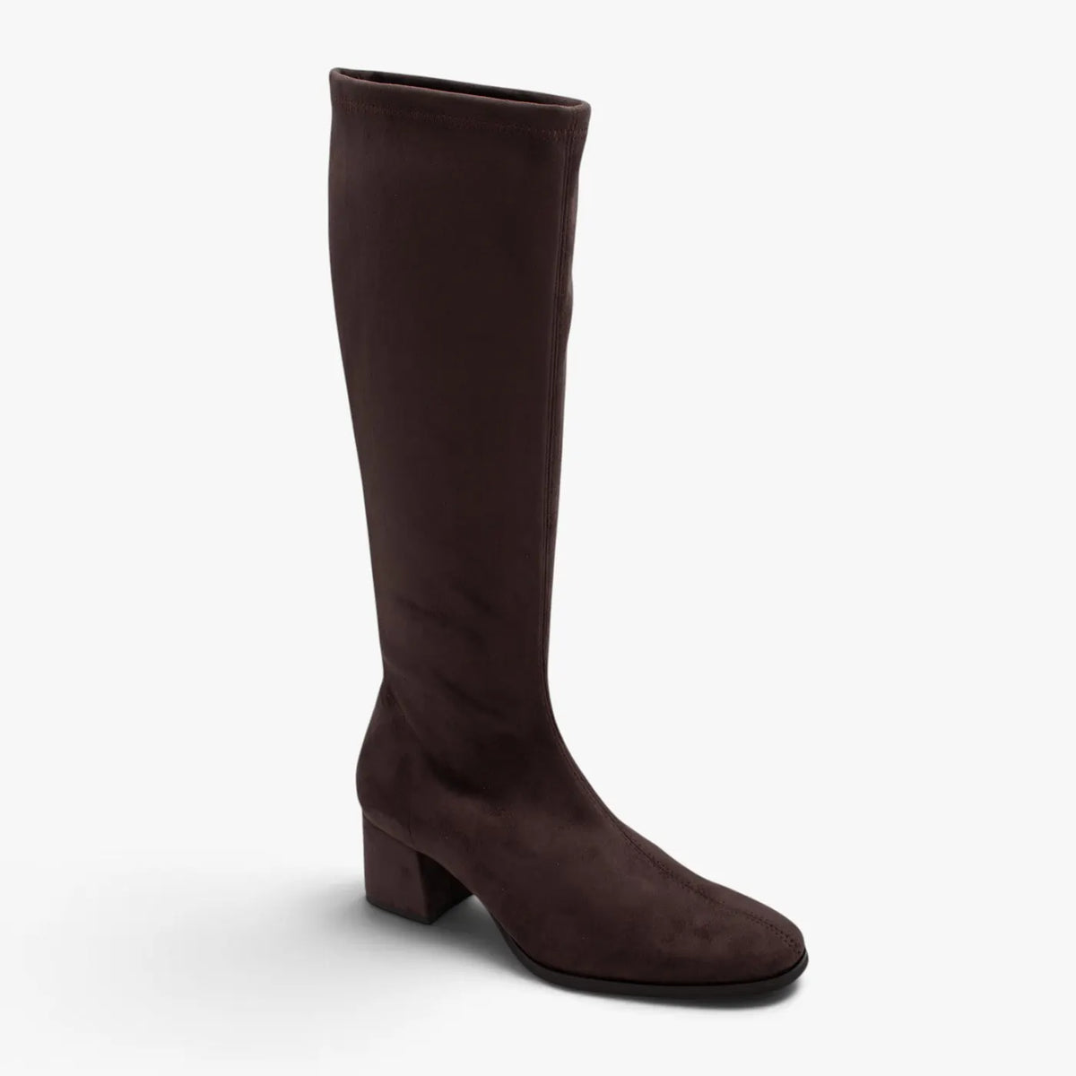 Miss Elastic Dark Brown Suede-Effect Stretch Knee-High Boots - three-quarter front view