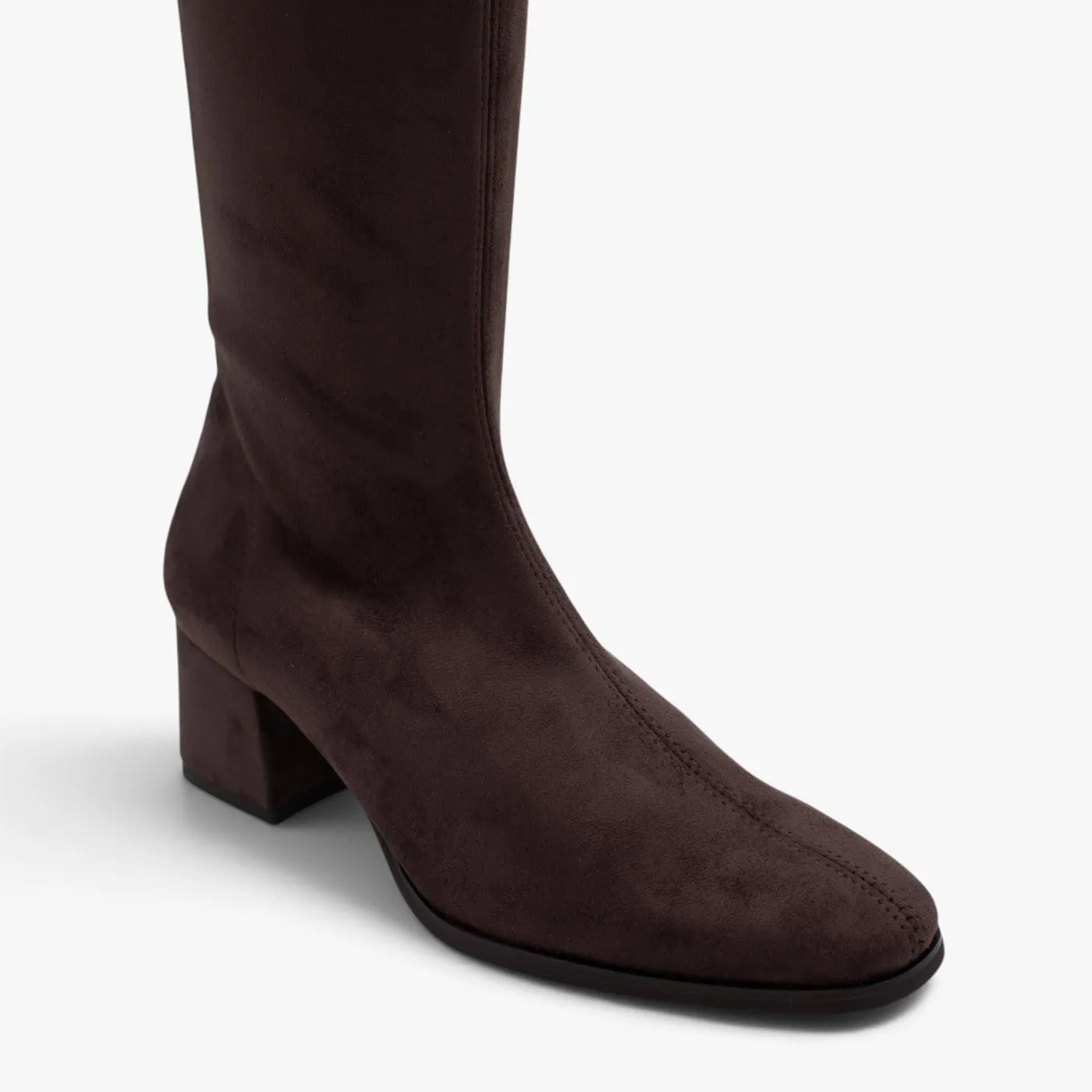 Miss Elastic Dark Brown Suede-Effect Stretch Knee-High Boots - toe and upper detail