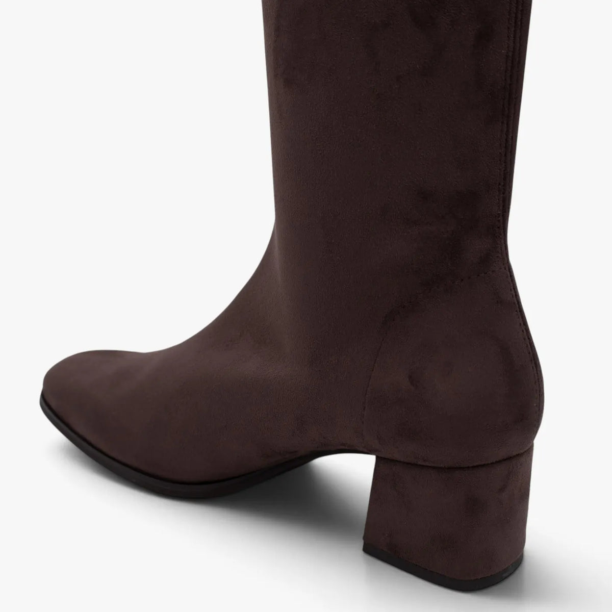 Miss Elastic Dark Brown Suede-Effect Stretch Knee-High Boots - heel and ankle detail