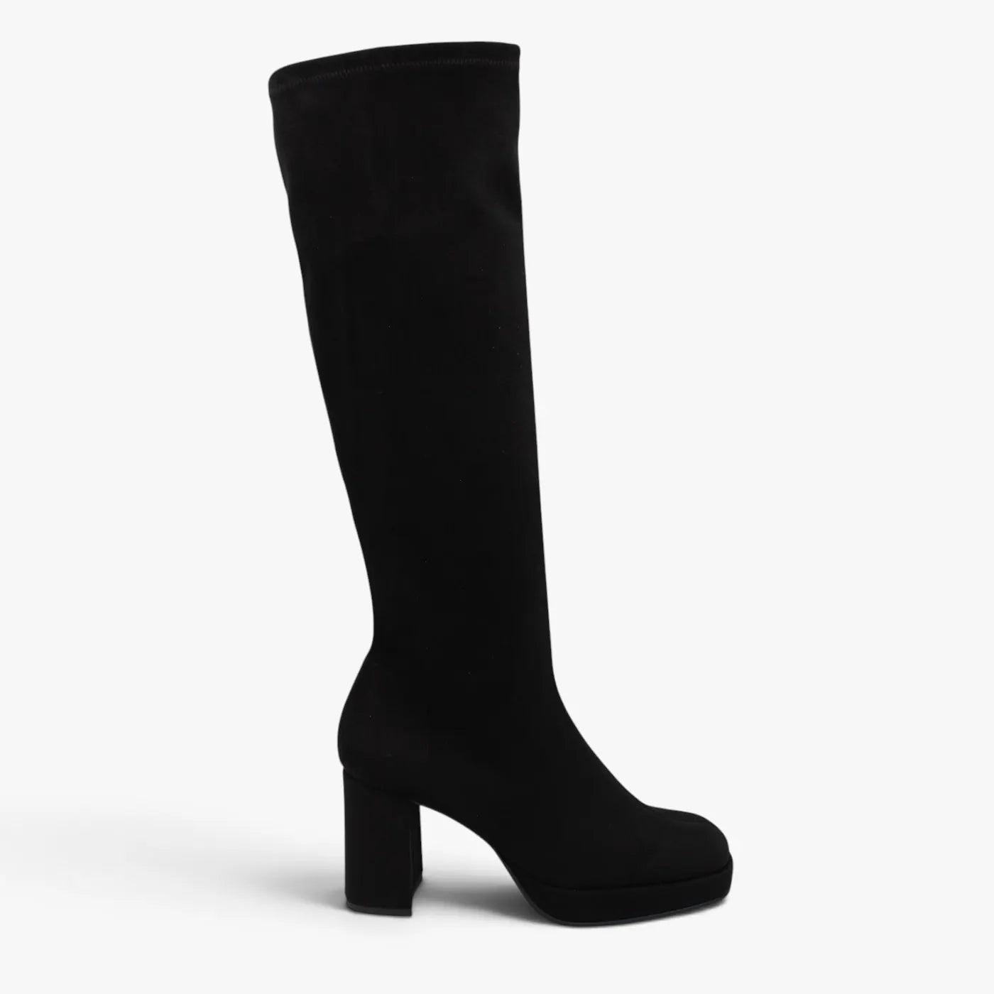 Miss Elastic Black Platform Stretch Knee-High Boots - side profile