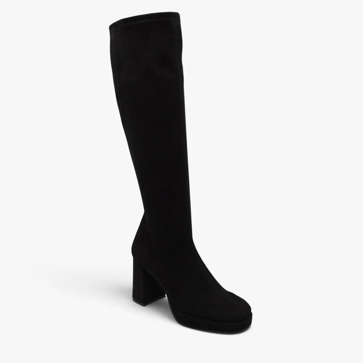 Miss Elastic Black Platform Stretch Knee-High Boots - three-quarter front view