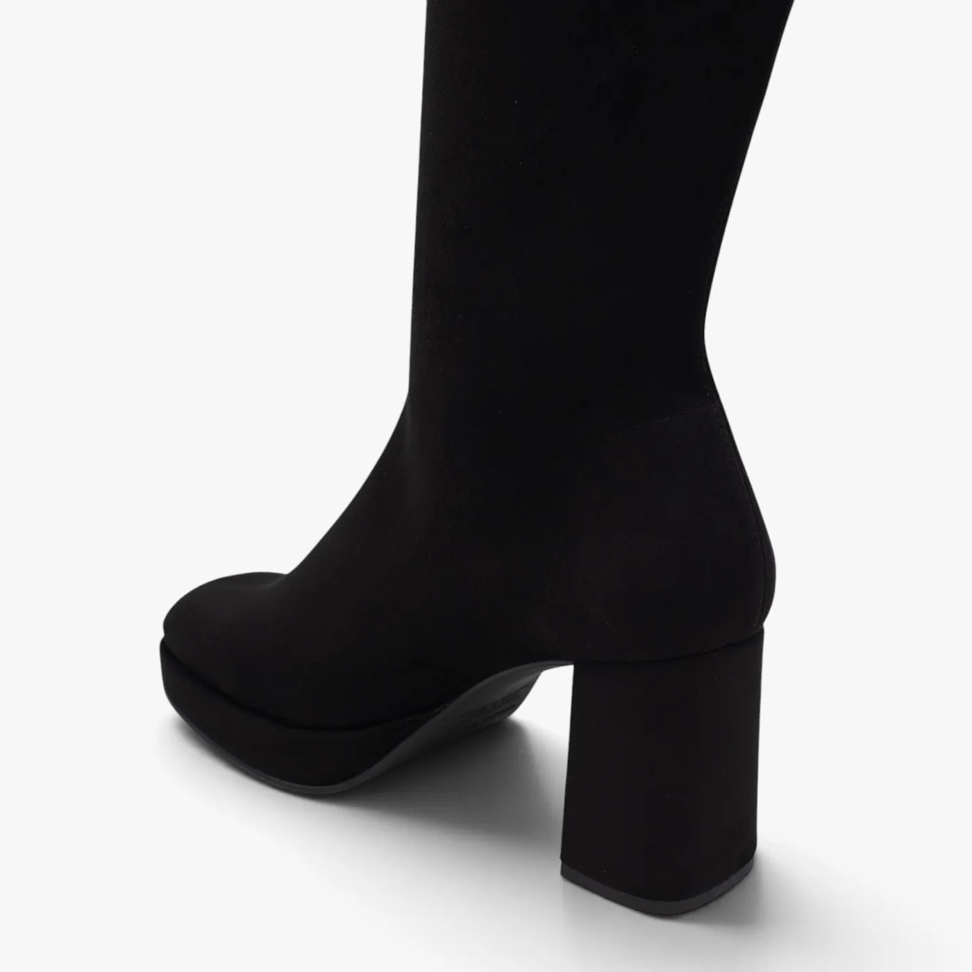 Miss Elastic Black Platform Stretch Knee-High Boots - heel and ankle detail