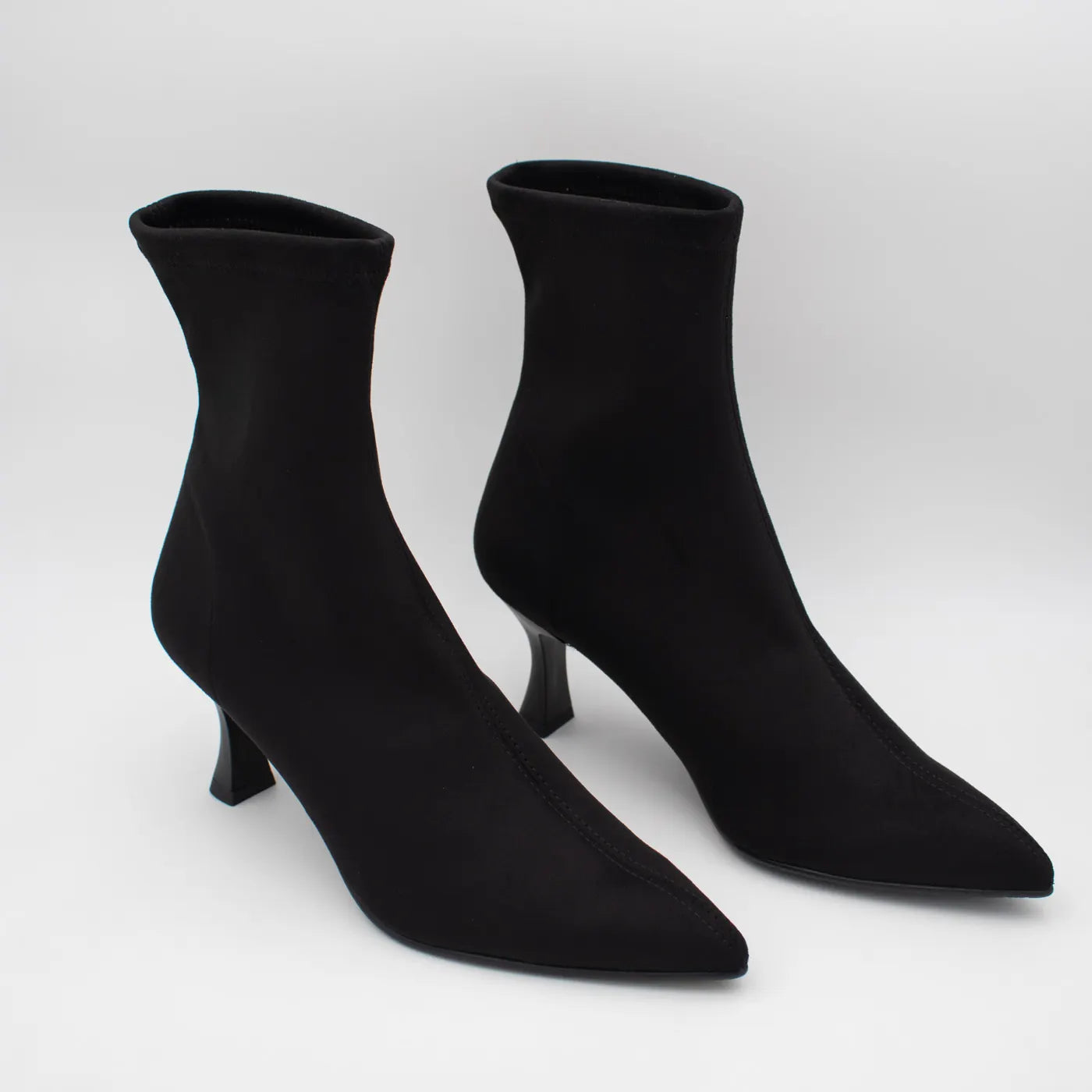 Miss Elastic Black Suede-Effect Stretch Ankle Boots - pair in three-quarter view