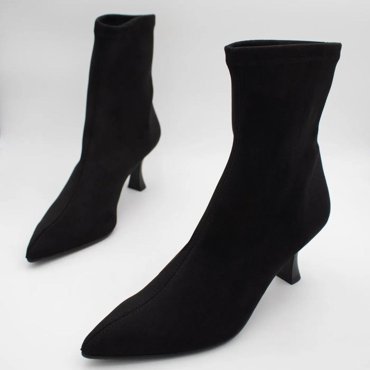 Miss Elastic Black Suede-Effect Stretch Ankle Boots - angled view of the pair