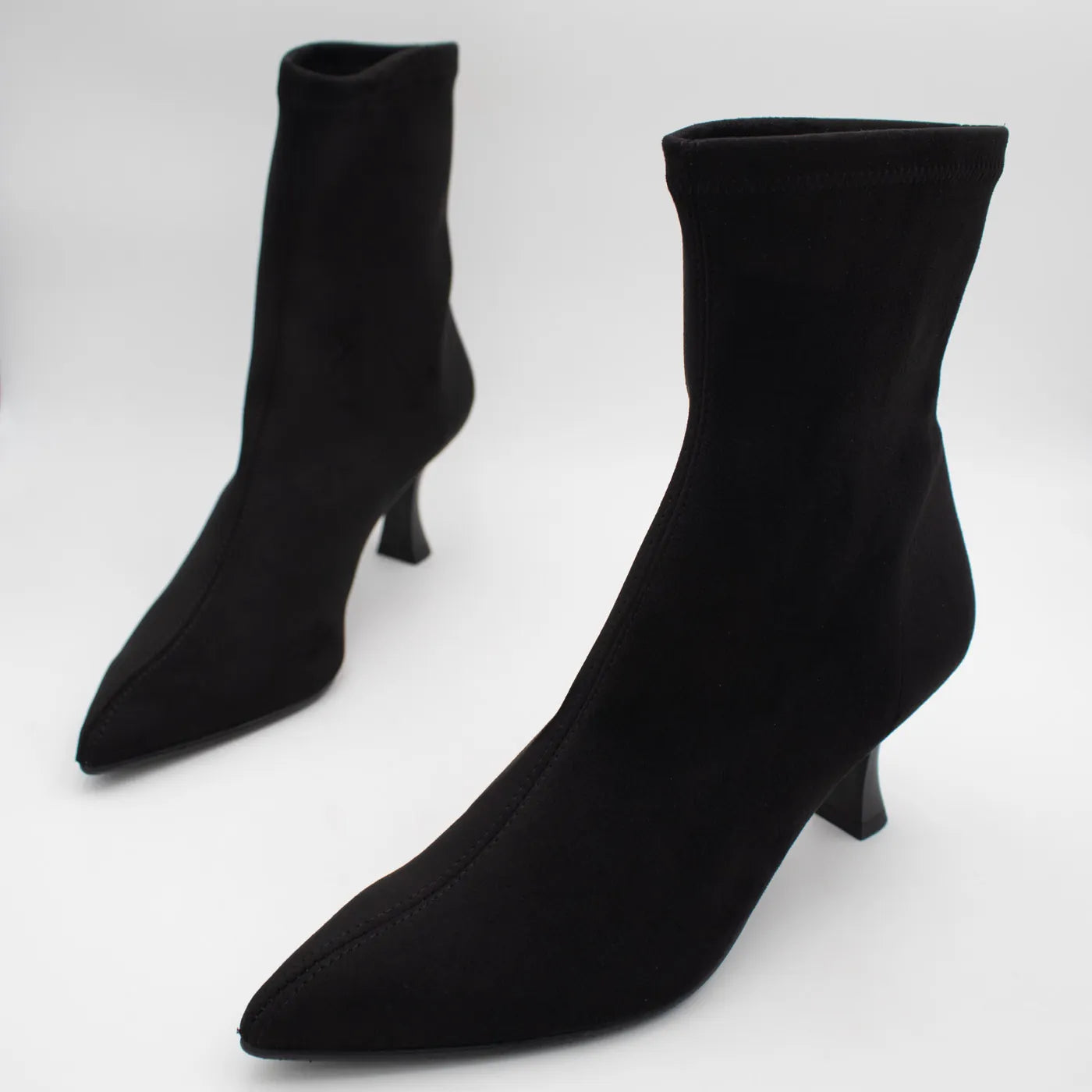 Miss Elastic Black Suede-Effect Stretch Ankle Boots - angled view of the pair
