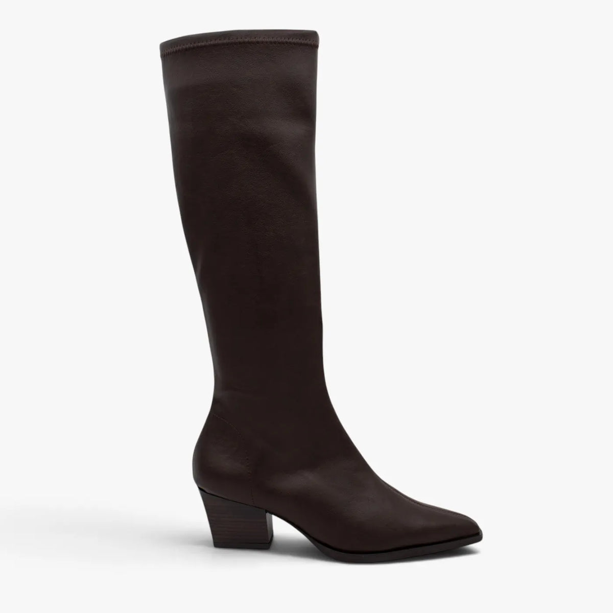 Miss Elastic Dark Brown Leather-Look Stretch Knee-High Boots - side profile