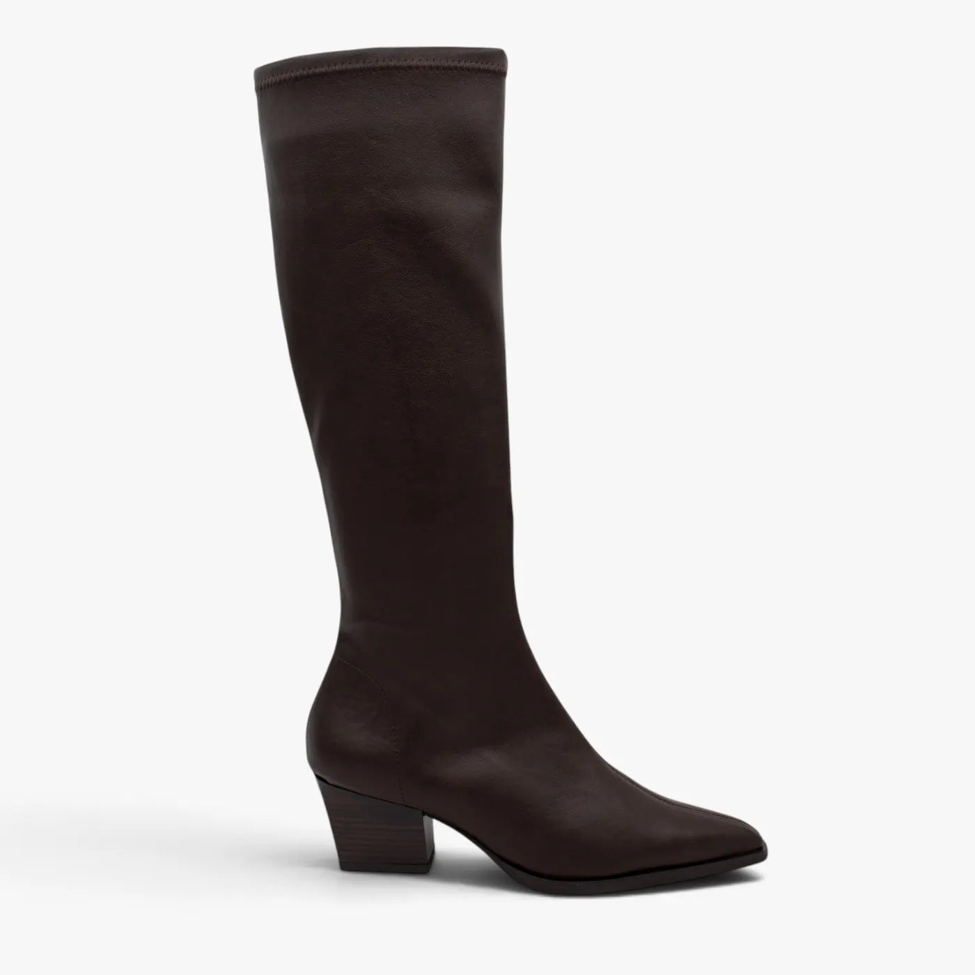 Miss Elastic Dark Brown Leather-Look Stretch Knee-High Boots - side profile