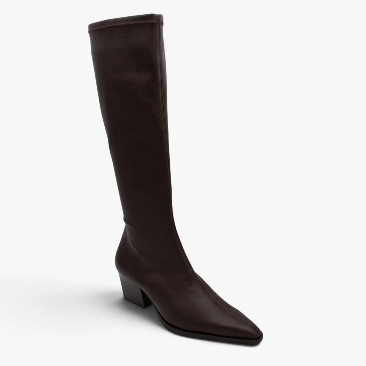 Miss Elastic Dark Brown Leather-Look Stretch Knee-High Boots - three-quarter front view