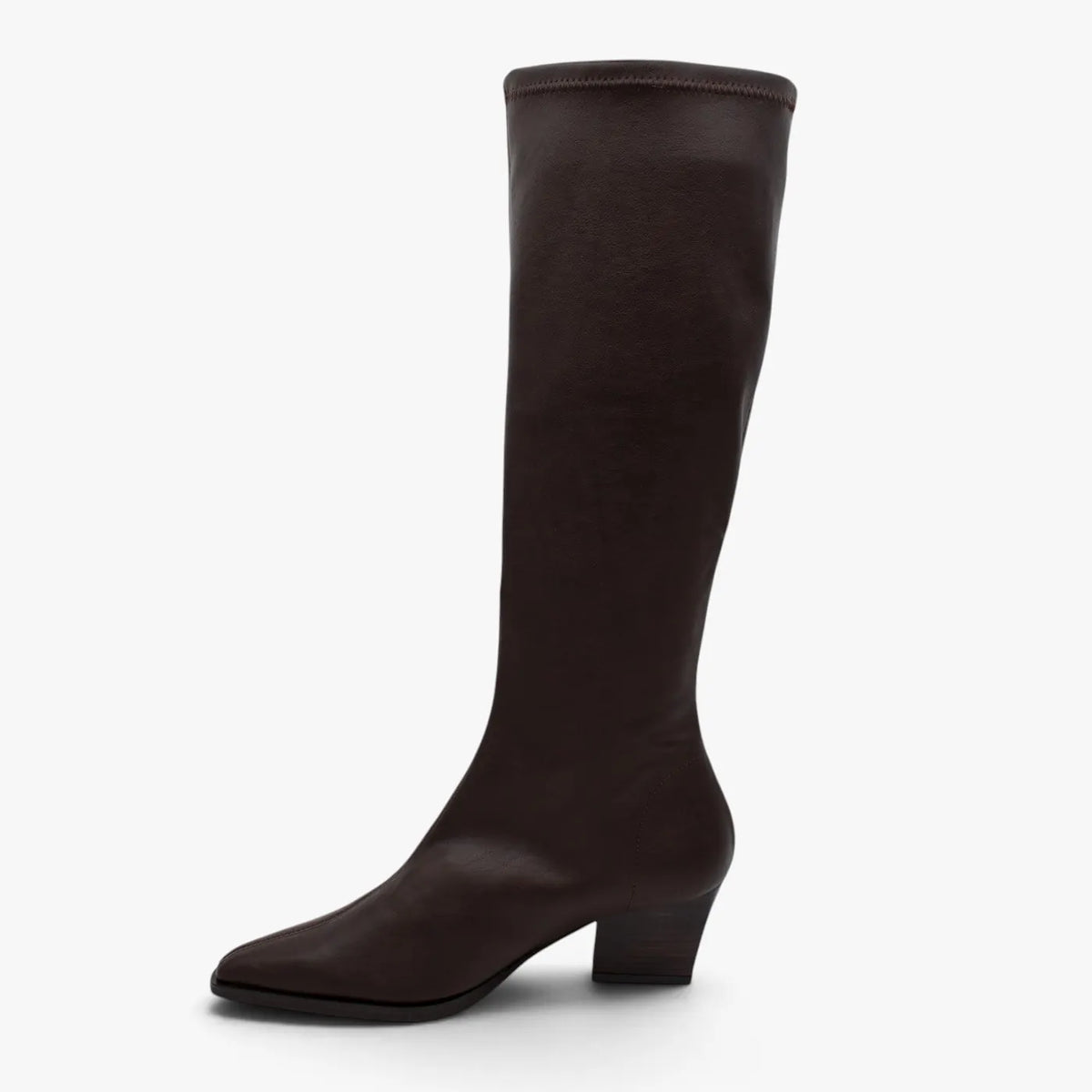 Miss Elastic Dark Brown Leather-Look Stretch Knee-High Boots - opposite side profile