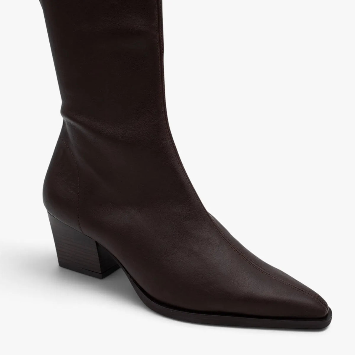 Miss Elastic Dark Brown Leather-Look Stretch Knee-High Boots - toe and upper detail