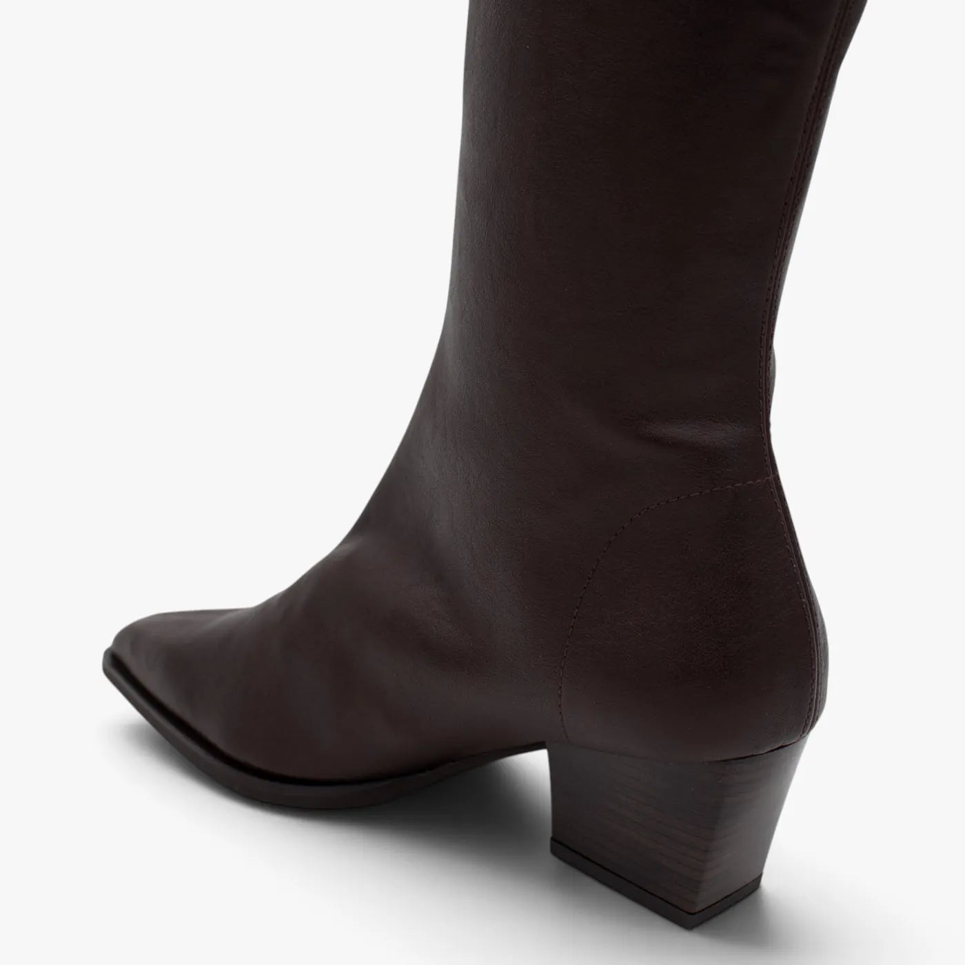 Miss Elastic Dark Brown Leather-Look Stretch Knee-High Boots - heel and ankle detail