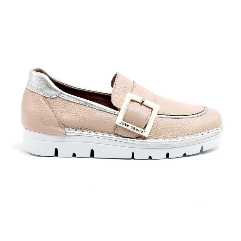  Soft pink Irene Moccasin with off-white buckle and branding.
