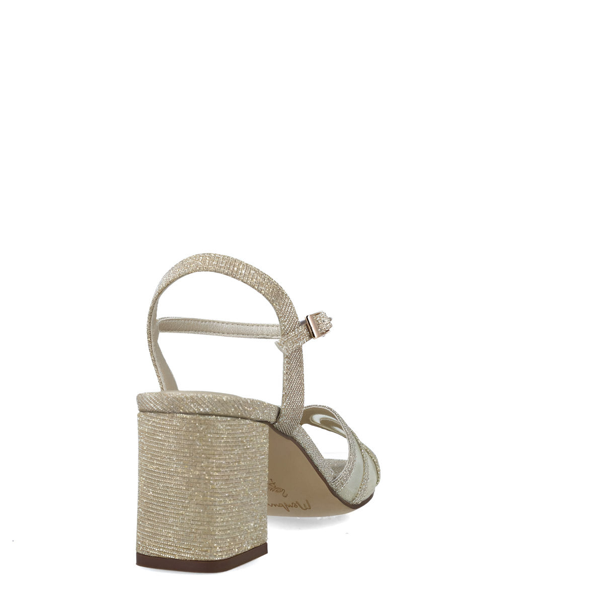 Menbur Gold Party Sandal with Mesh Detail and Block Heel