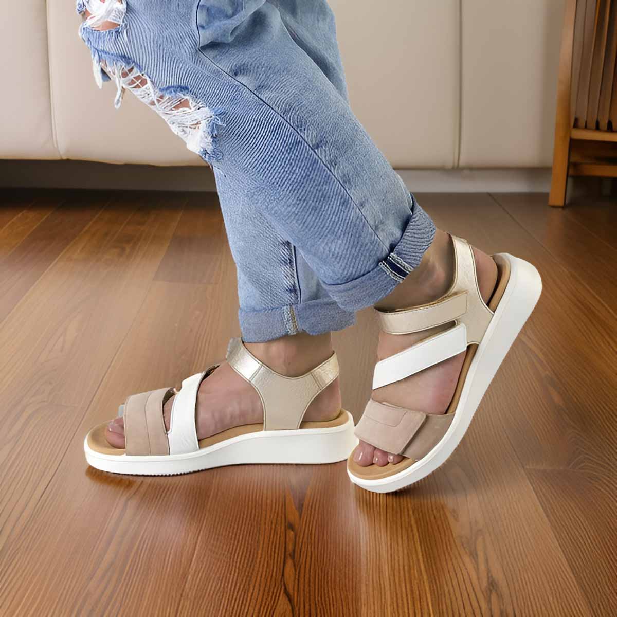 Ara Beige, White, and Gold Sandals with Wedge Heel and Adjustable Velcro Straps