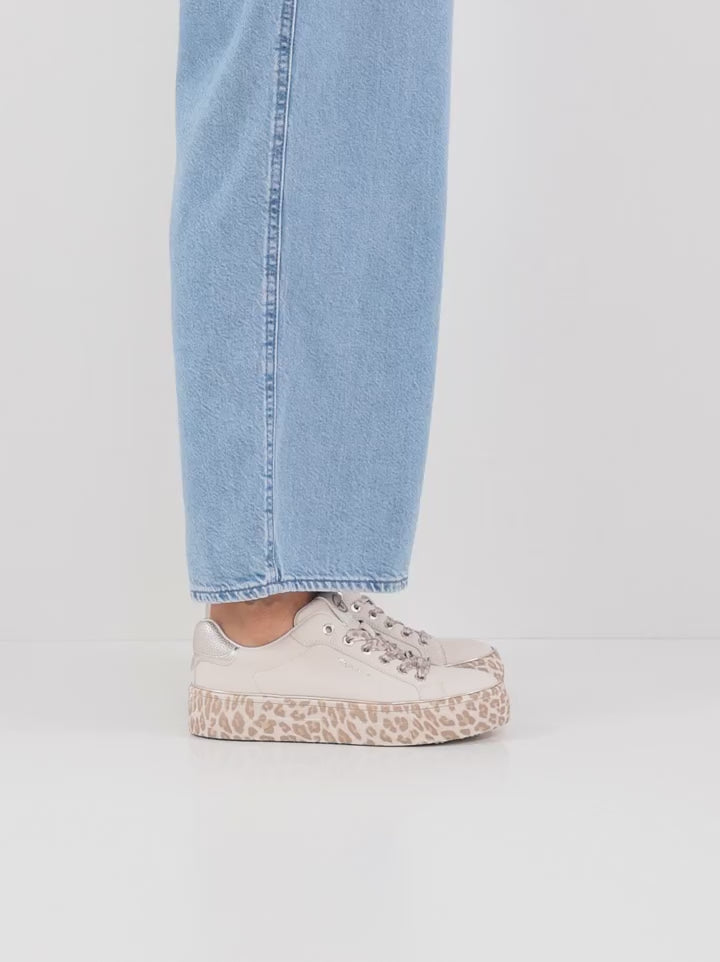 Tamaris Beige Trainer with Leopard Sole