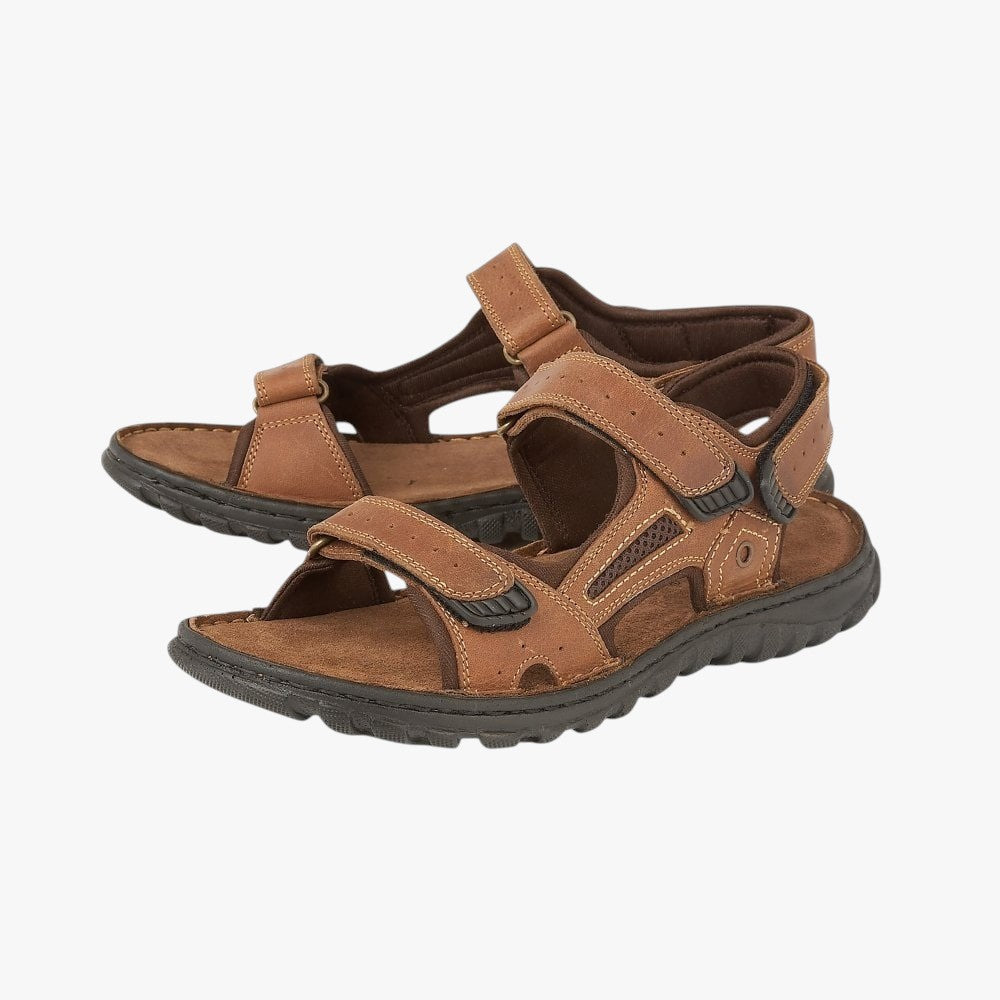Lotus Men's Tan Leather Strap Sandals with Triple Rip-Tape