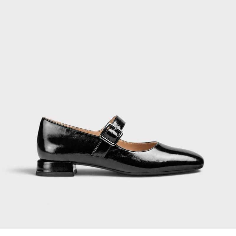Unisa Culver black patent leather Mary Jane shoe with adjustable buckle, square toe and low block heel, side view