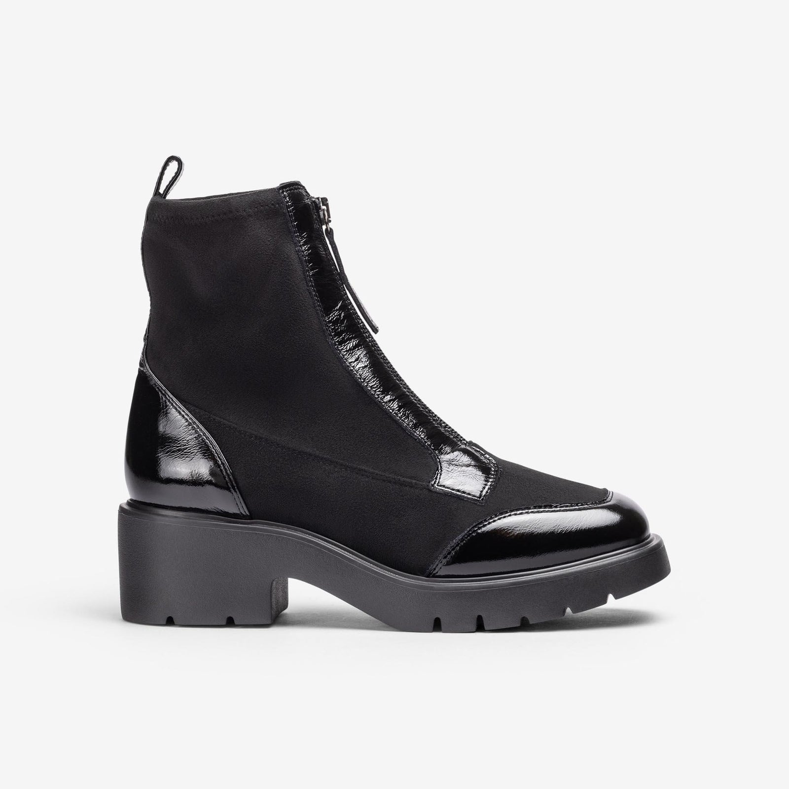 Unisa Jandro black stretch and patent ankle boot with front zip and chunky block heel, side view
