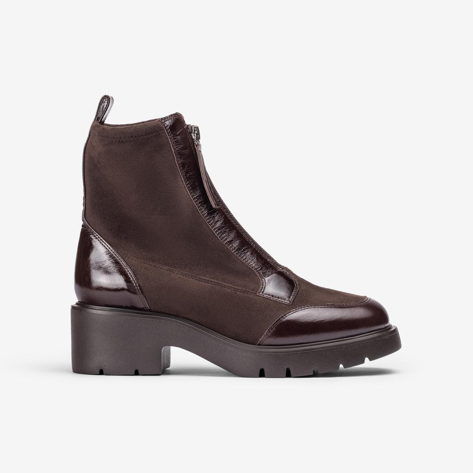 Unisa Jandro dark brown stretch and patent ankle boot with front zip and chunky block heel, side view