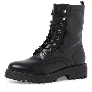 Angled view capturing the luxurious appeal of the Tamaris combat boots.