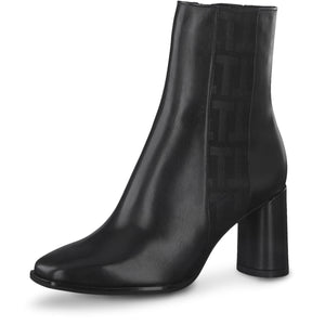 Angled view of the Tamaris Black Leather Ankle Boots.