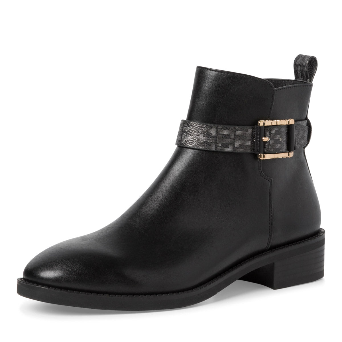 Angled view of the Tamaris Wrapped Strap Ankle Boot highlighting its smooth black finish.