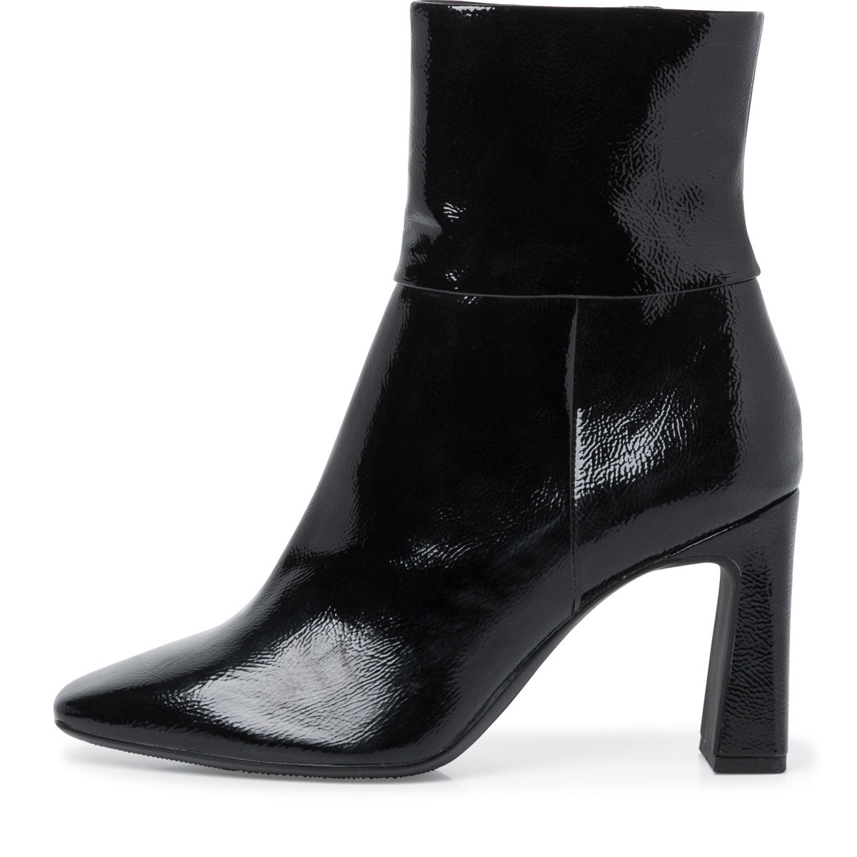 Front view of the Tamaris Staying Stylish High Heel Black Ankle Boots showcasing the glossy finish.