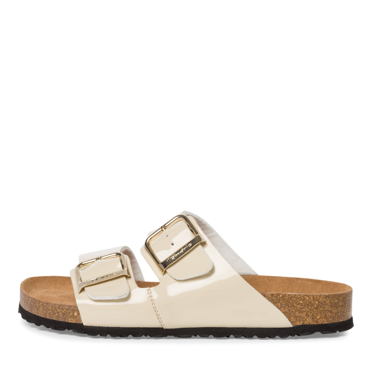 Minimalist Two-Strap Slide Sandals in Nude Patent