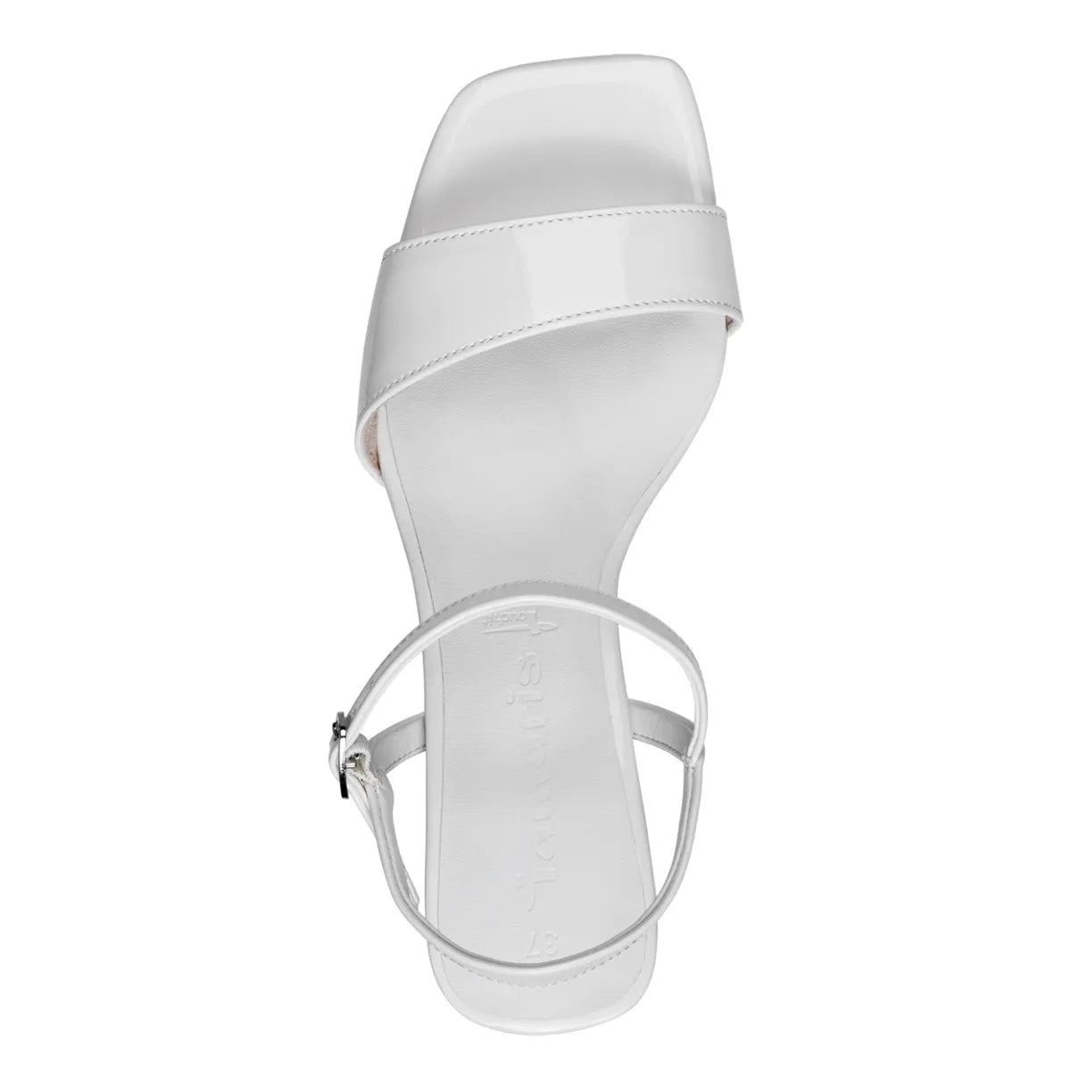 Tamaris White Patent Square Toe Sandal – Sculpted Heel & Comfort - Leavys Shoes