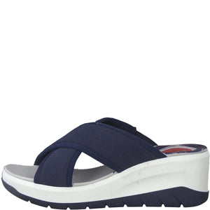 Navy Textile Summer Mule  Sandals with Wedge Heel