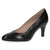 Angled view of the black leather heel.