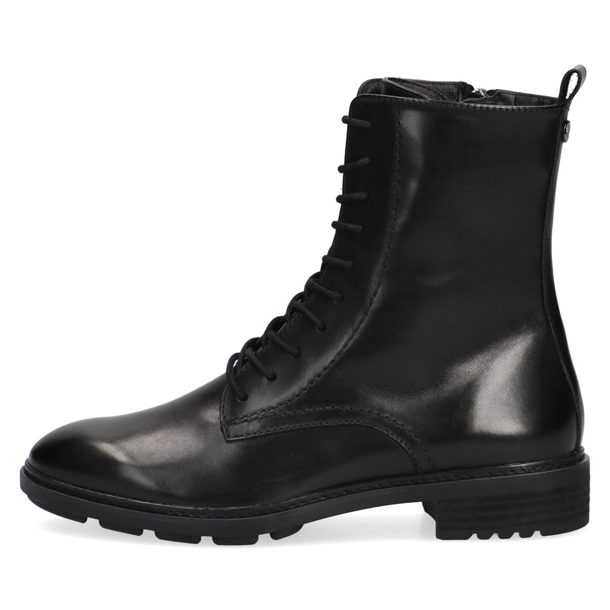 Front view of Caprice Black Leather Boots highlighting the outer zipper.
